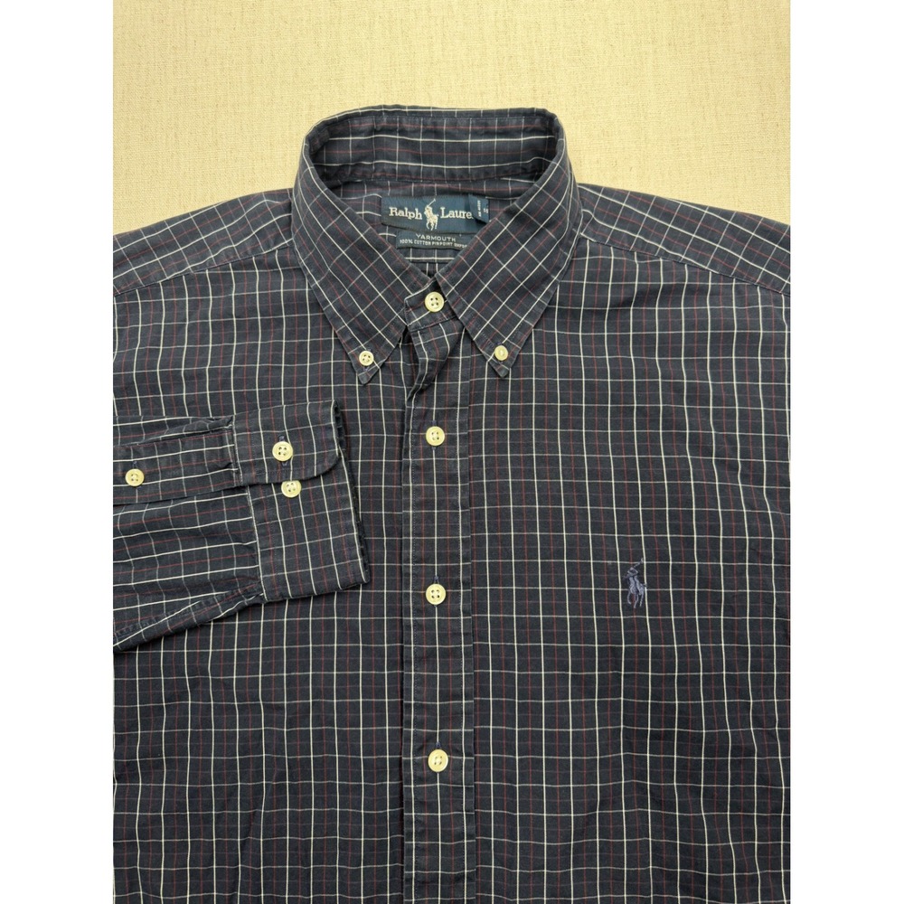 Ralph Lauren Yarmouth Mens 15.5 34/35 Navy Blue Check Pinpoint Oxford Shirt
